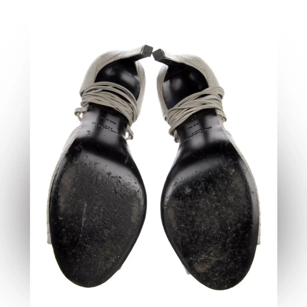 Saint Laurent Embossed Leather Gladiator Open Toe Heels Gray lace up ankle Wrap - Picture 7 of 10